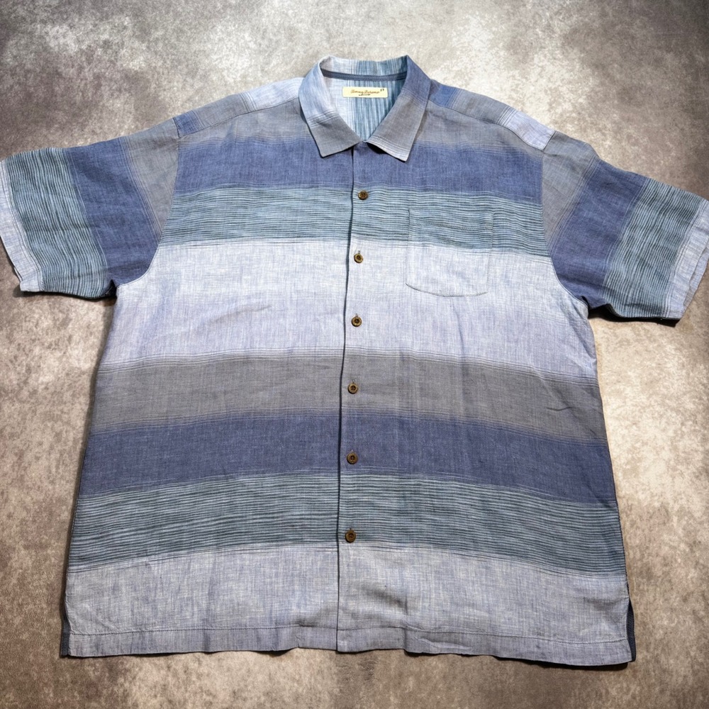 Tommy Bahama Men XL Blue Grey Ombre Striped 100% Linen Short Sleeve Button Shirt - Picture 2 of 7